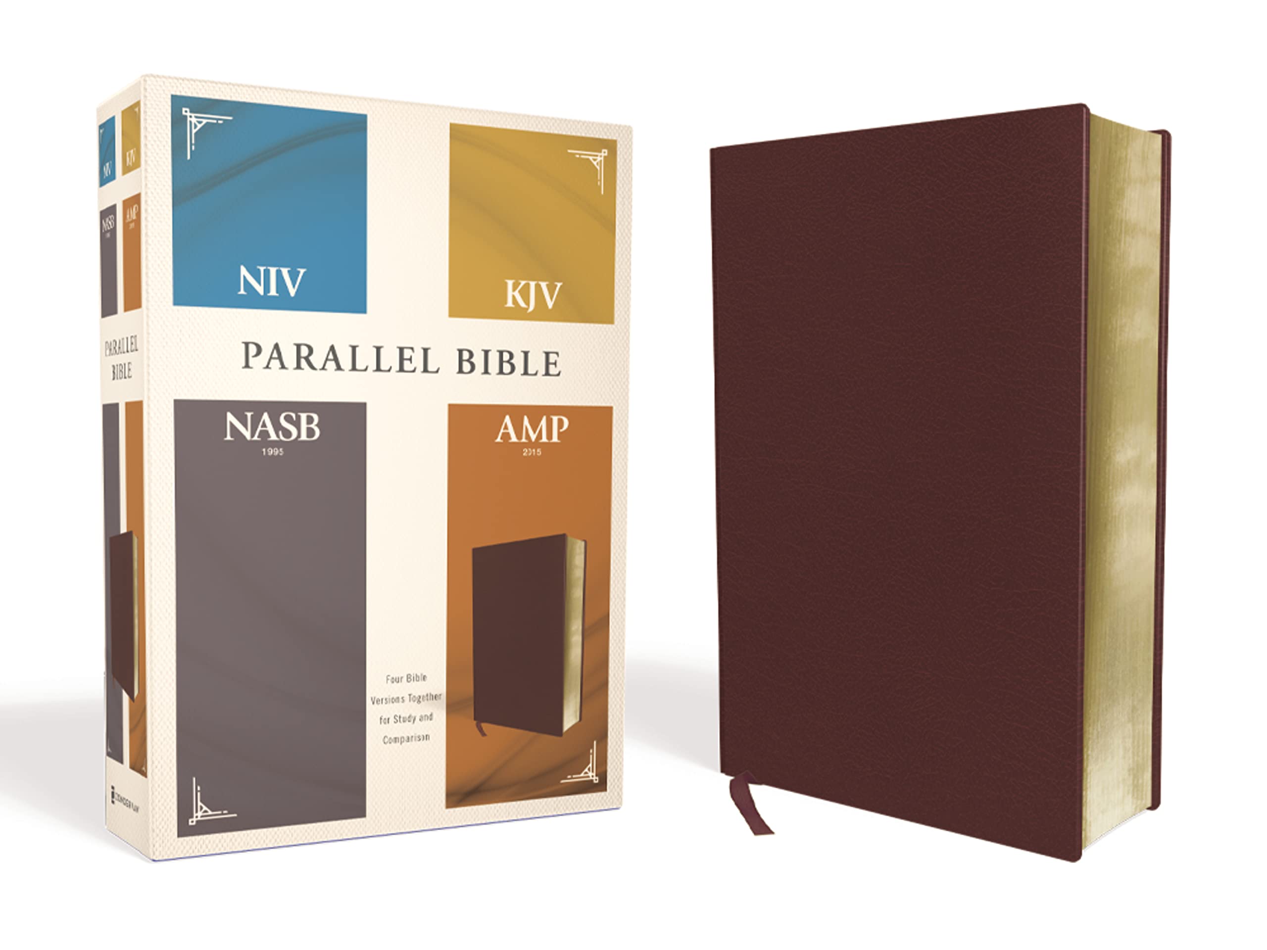 NIV, KJV, NASB, Amplified, Parallel Bible, Bonded Leather, Burgundy — used book cover