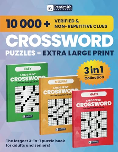 The Largest 3 in 1 Crossword Puzzles Book for Adults and Seniors (Easy To Read Extra Large Print): Over 10,000 Verified and Unique Clues with Full Solutions (Easy, Medium, Hard)