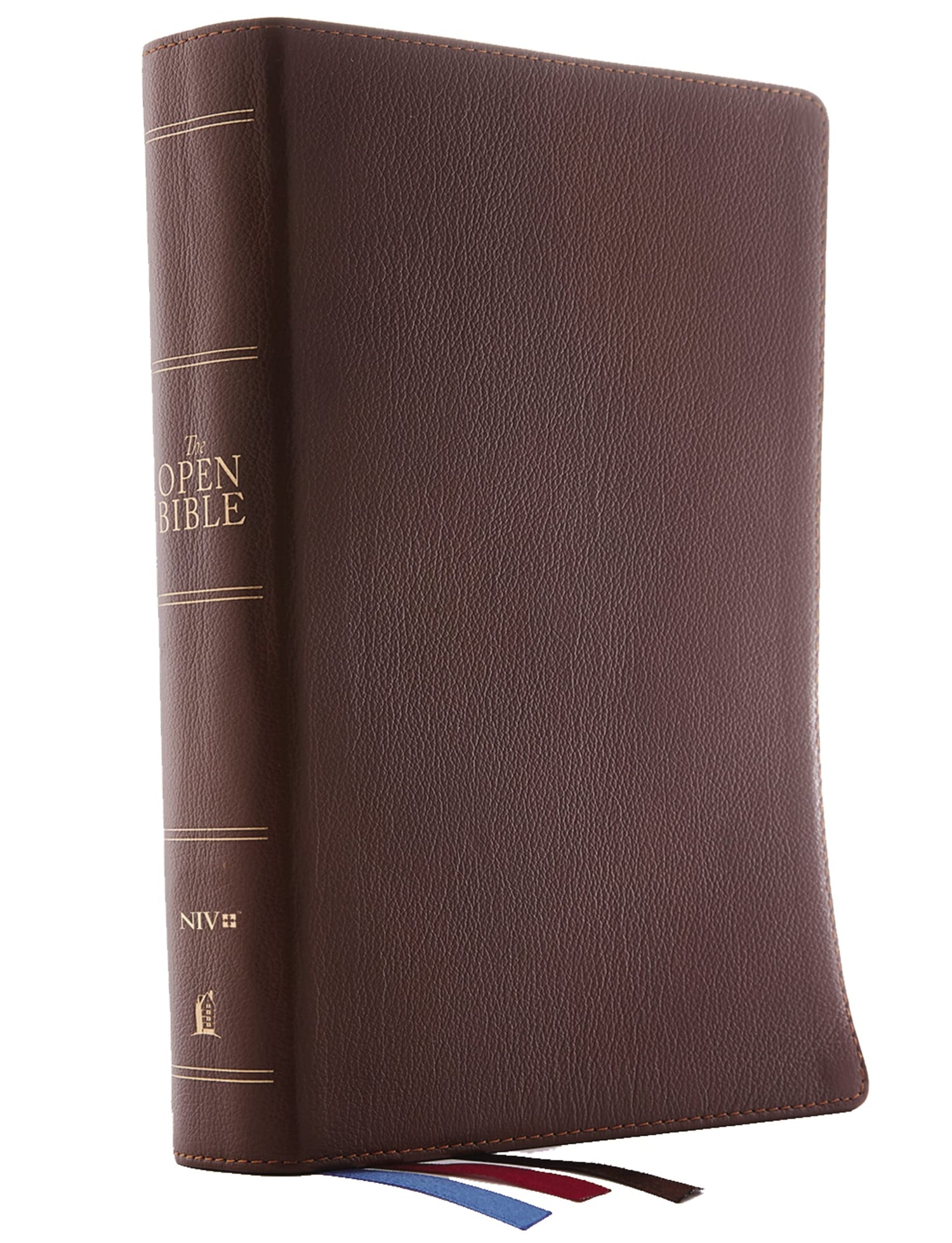 The NIV, Open Bible, Genuine Leather, Brown, Red Letter, Comfort Print — used book cover
