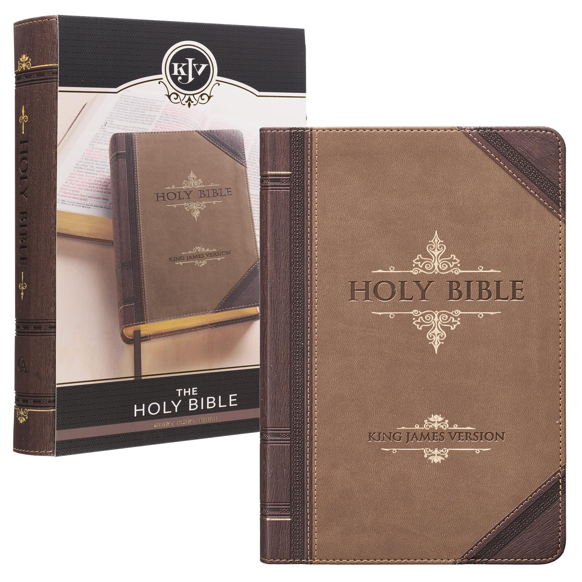 KJV Holy Bible, Giant Print Standard Size Faux Leather Red Letter Edition - Thumb Index &amp; Ribbon Marker, King James Version, Brown Two-tone (KJV Standard GP Editions)