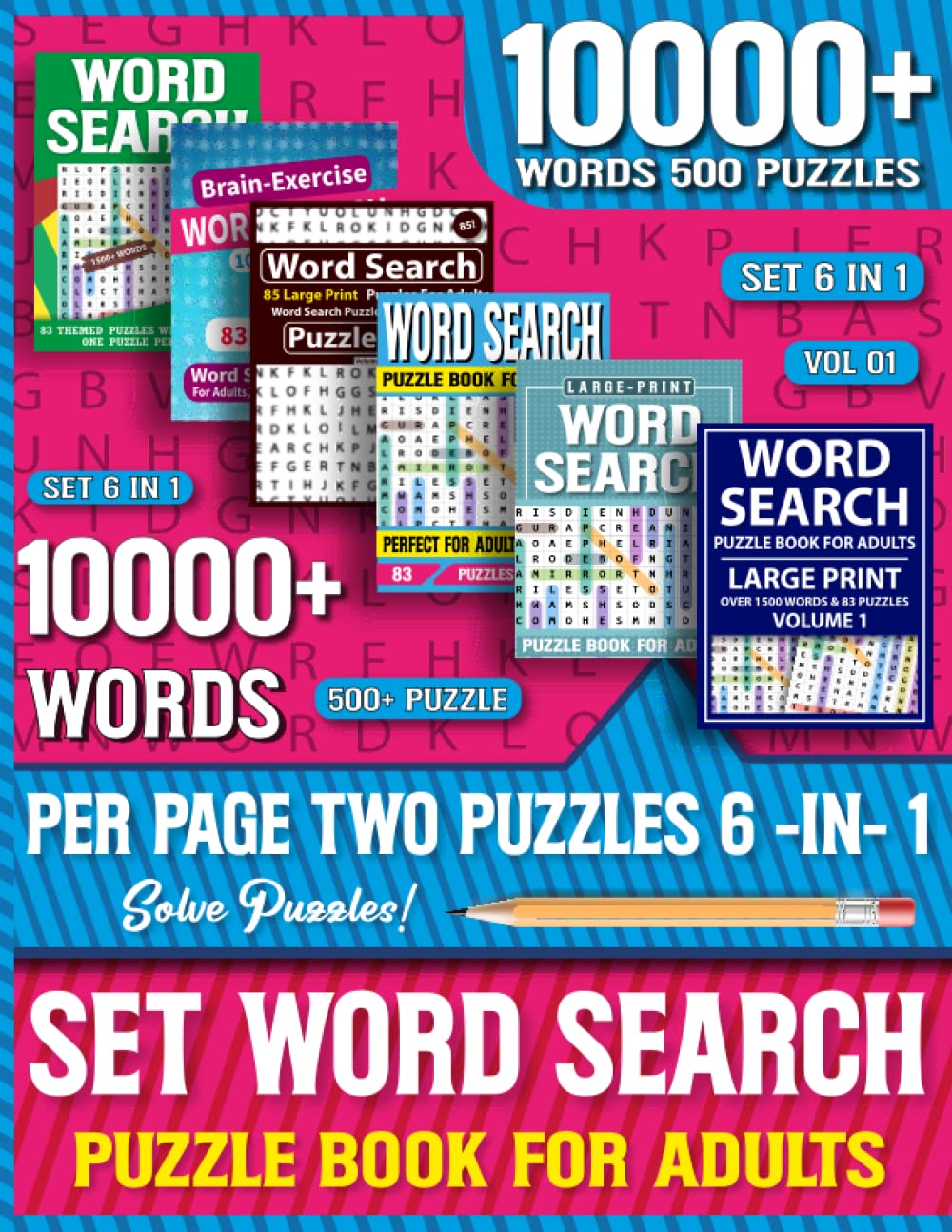 6 In 1 Set Word Search Puzzle Book For Adults: 10000+ Words And 500 Puzzles For Adults (Word Search Book)